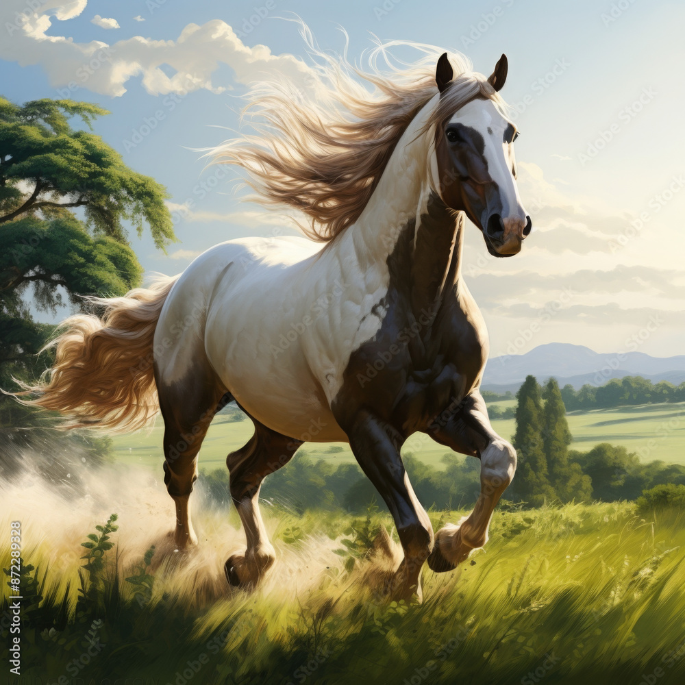 In the expansive green pasture, a magnificent white stallion gallops freely, its mane flowing like a banner of freedom in the wind.
In the expansive green pasture, a magnificent white stallion gallops freely, its mane flowing like a banner of freedom in the wind.