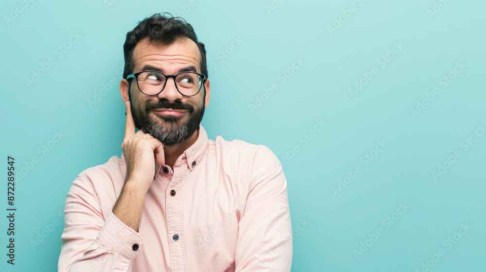 Hispanic man with beard standing over isolated background. Smiling with thoughtful face. doubt concept Hispanic man with beard standing over isolated background. Smiling with thoughtful face. doubt concept
