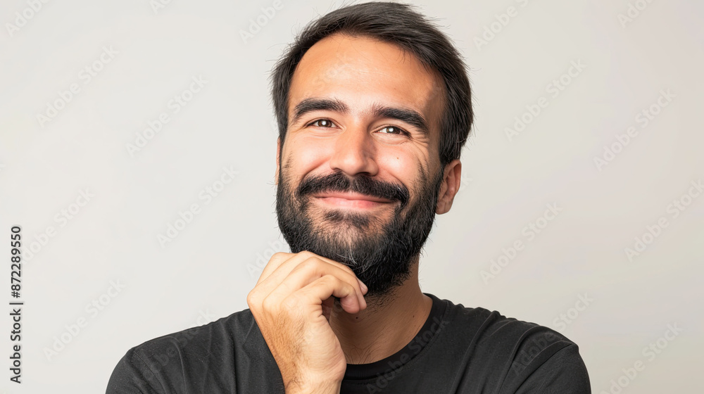 Hispanic man with beard standing over isolated background. Smiling with thoughtful face. doubt concept Hispanic man with beard standing over isolated background. Smiling with thoughtful face. doubt concept