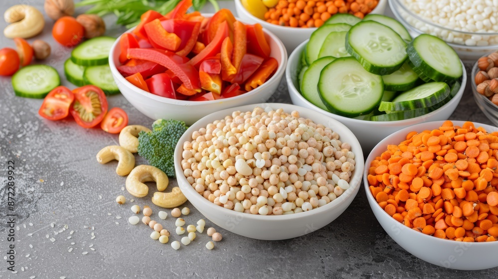 A detailed shot of a vegan meal prep setup with an assortment of fresh vegetables, grains, and nuts arranged aesthetically on a modern kitchen countertop, focus cover all object, deep dept of field A detailed shot of a vegan meal prep setup with an assortment of fresh vegetables, grains, and nuts arranged aesthetically on a modern kitchen countertop, focus cover all object, deep dept of field