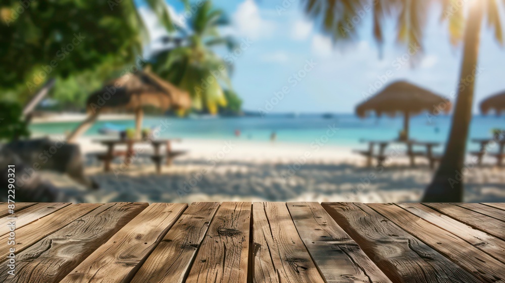 Fototapeta premium Wooden table and blur beach cafes background. Generative AI