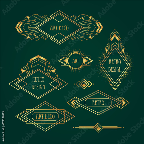 Art Deco vintage gold patterns over dark green, frames and design elements. Retro party geometric background set,1920s style. Vector illustration for glamour party, thematic wedding or textile prints.