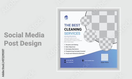 Corporate office and house cleaning service business promotion social media post or web banner template design. Housekeeping, wash, clean or repair service marketing flyer with abstract background.