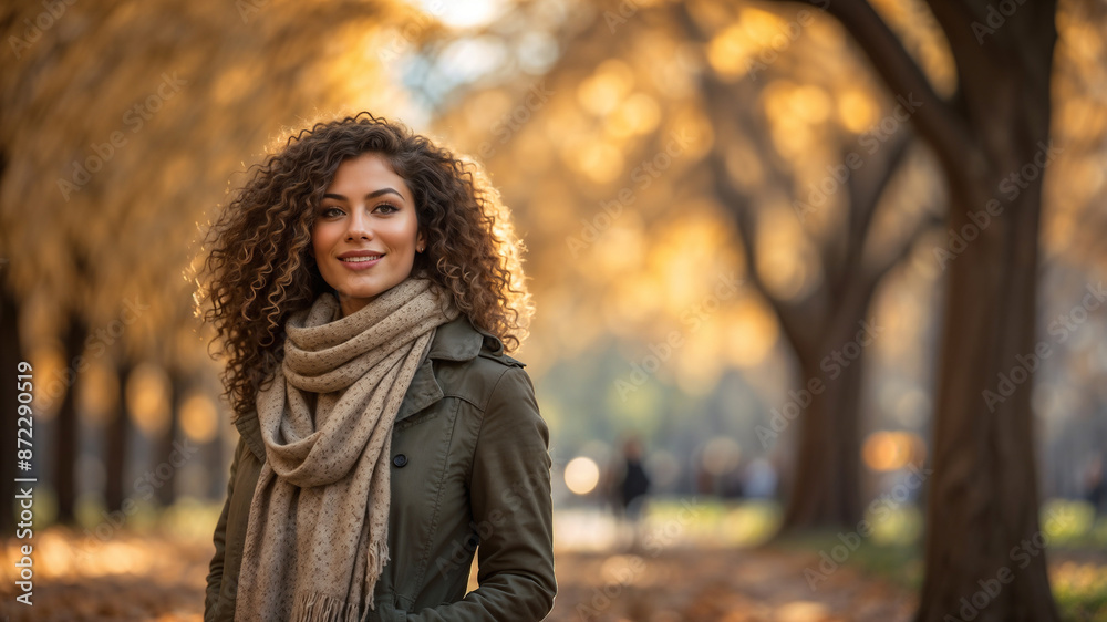 Bella giovane donna con lunghi capelli ricci in un parco di una città in autunno durante il foliage. Indossa una giacca e una sciarpa. Bella giovane donna con lunghi capelli ricci in un parco di una città in autunno durante il foliage. Indossa una giacca e una sciarpa.