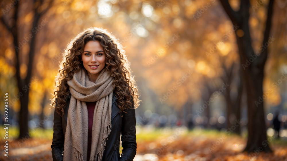 Bella giovane donna con lunghi capelli ricci in un parco di una città in autunno durante il foliage. Indossa una giacca e una sciarpa.