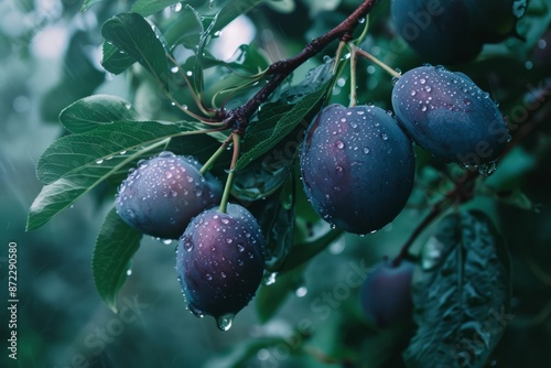 Plums on tree, droplets, fujifilm, fujicolor c200, depth of field photo