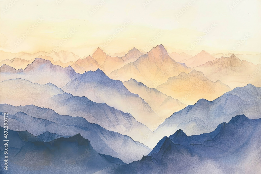 The mountains are painted in blue and white, with a sense of calm and serenity The mountains are painted in blue and white, with a sense of calm and serenity