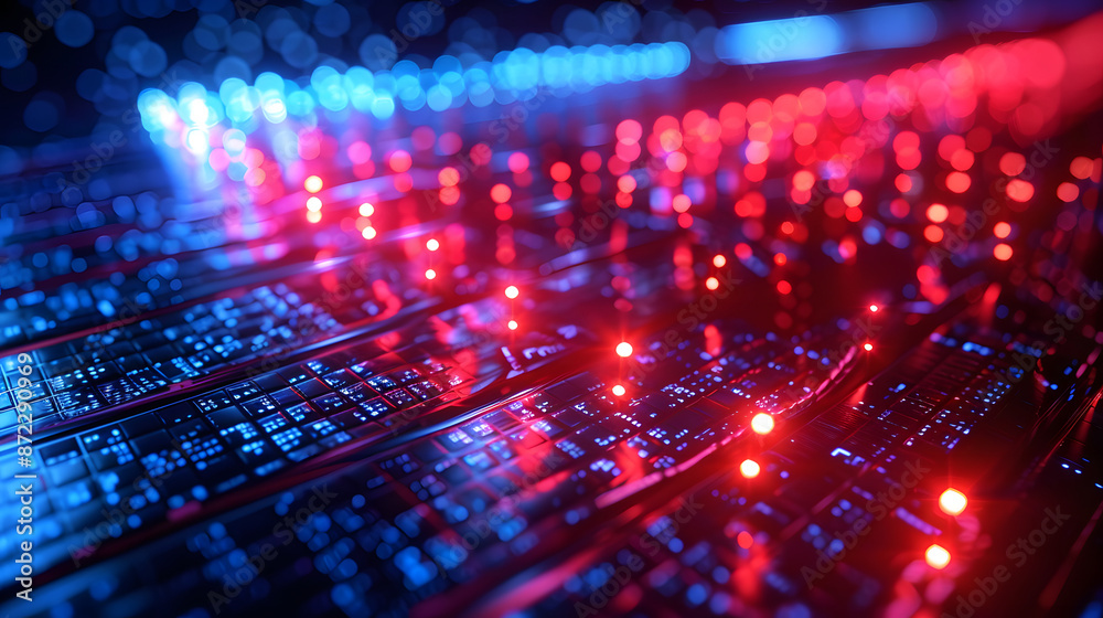 Glowing red and blue pixelated binary code encryption in digital data ...