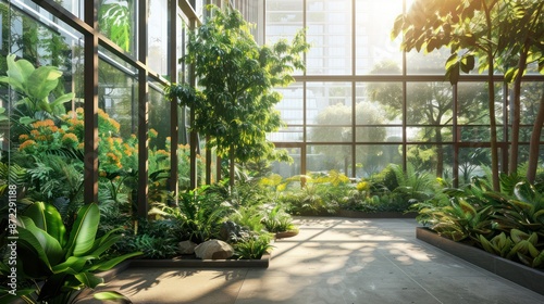 panoramic winter garden enclosed by advanced energy-efficient windows, allowing residents to enjoy lush greenery despite the cold external temperatures
