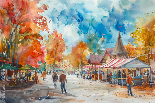 A painting of a town square with a large crowd of people dancing