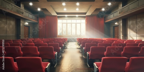 Empty auditorium with red velvet seats and a stage with red curtains.