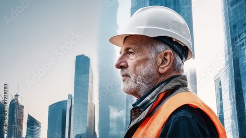 A man in hard hat and orange vest in front of city skyline