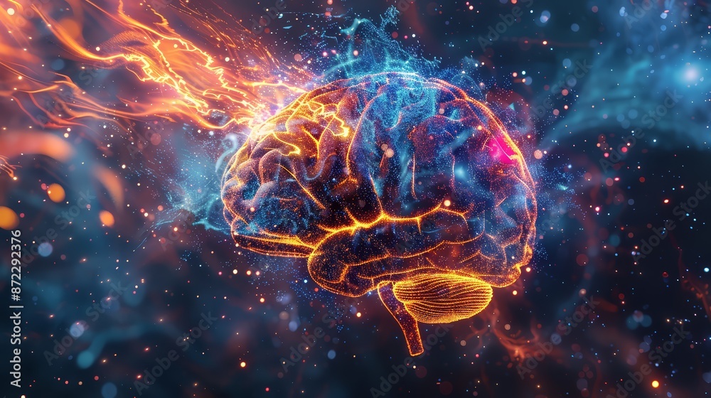 An abstract depiction of a brain breaking apart to reveal a luminous core