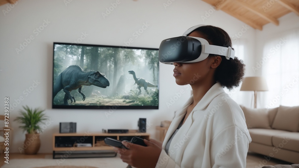 In the image, a woman is wearing a VR headset while engaging in a video game In the image, a woman is wearing a VR headset while engaging in a video game