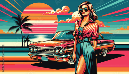 Stylish Lady and Vintage Car on Tropical Sunset Background, Girl and Retro Vehicle, Illustrations for  t-shirt, card, poster, banner, flyer, ad, brochure or background. Fashion illustration art