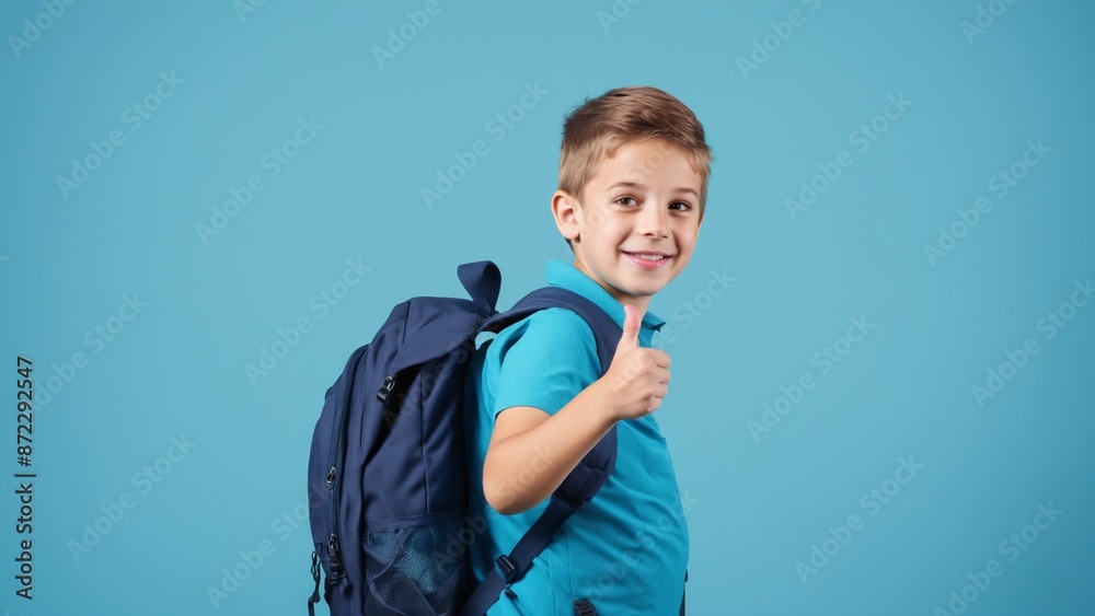 A boy in outerwear smiles with thumbs up under sky, symbolizing happy travel A boy in outerwear smiles with thumbs up under sky, symbolizing happy travel