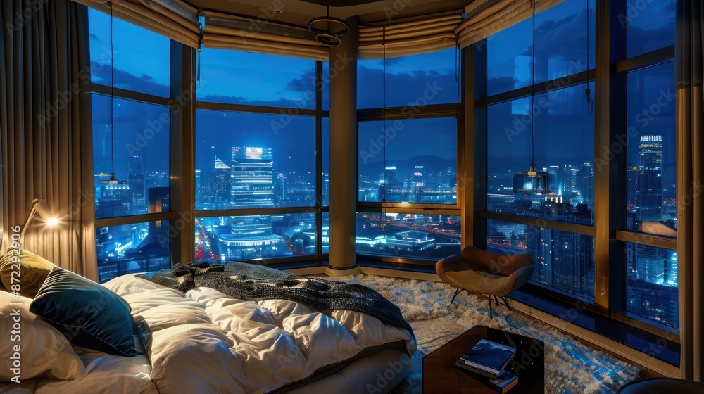 Fototapeta premium luxurious bedroom with energy-efficient bay windows that frame a stunning cityscape at night, providing both spectacular views and thermal comfort