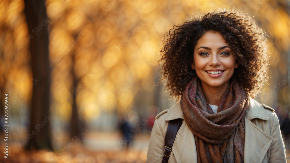 Bella giovane donna con capelli ricci in un parco di una città in autunno durante il foliage. Indossa una giacca e una sciarpa. Bella giovane donna con capelli ricci in un parco di una città in autunno durante il foliage. Indossa una giacca e una sciarpa.