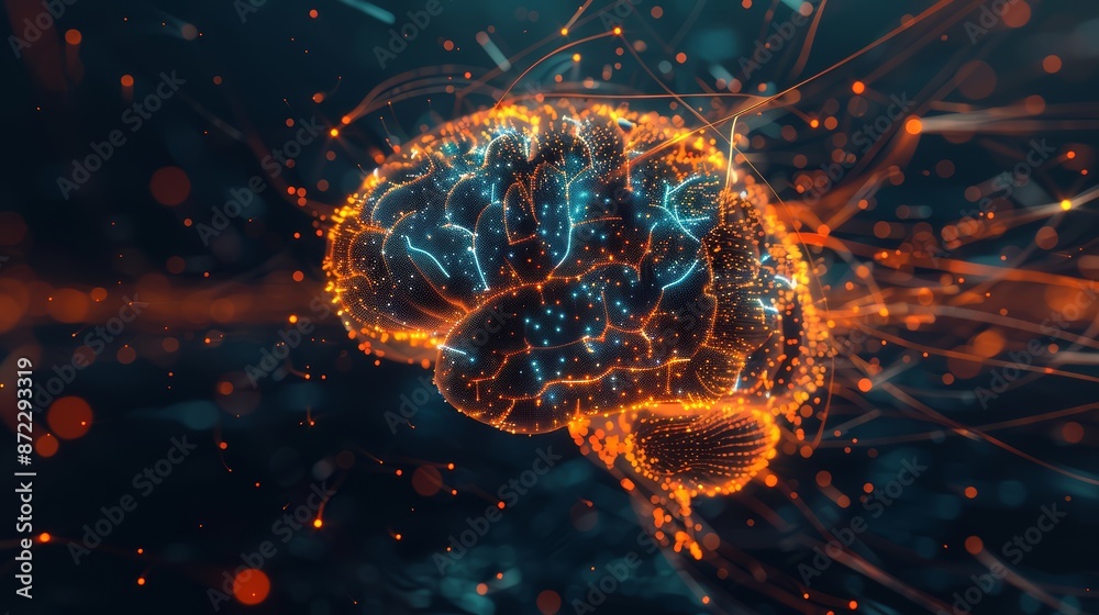 An abstract digital illustration of a brain with a cascade of glowing lines and symbols An abstract digital illustration of a brain with a cascade of glowing lines and symbols