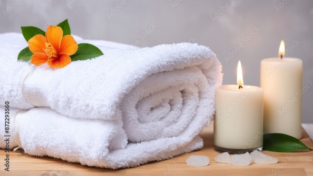 There is a neat arrangement of candles, towels, and a flower on top There is a neat arrangement of candles, towels, and a flower on top