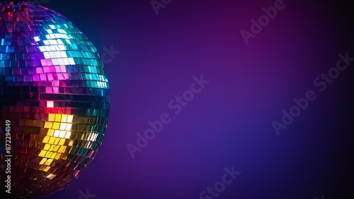 A disco ball shines in the dark against a purple backdrop