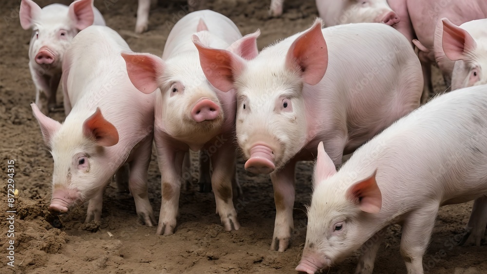 Pigs in dirt, white and pink with snouts, are land animals of the Suidae family Pigs in dirt, white and pink with snouts, are land animals of the Suidae family