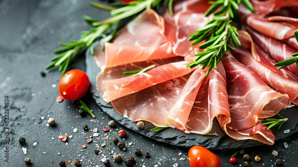 Sliced prosciutto ham displayed on a dark slate with rosemary sprigs and cherry tomatoes. Close-up food photograph. Ideal for culinary blogs, recipes, and stock imagery showcasing gourmet foods. AI Sliced prosciutto ham displayed on a dark slate with rosemary sprigs and cherry tomatoes. Close-up food photograph. Ideal for culinary blogs, recipes, and stock imagery showcasing gourmet foods. AI