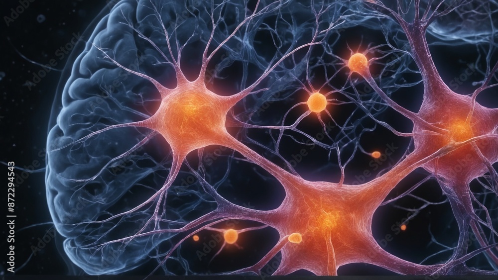 A computer generated image shows a brain with numerous neurons A computer generated image shows a brain with numerous neurons