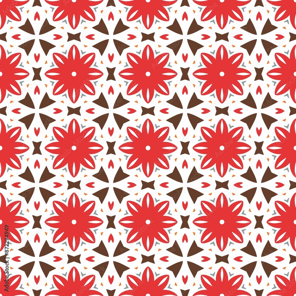 Seamless geometric pattern with red and brown floral shapes on a white background. Seamless geometric pattern with red and brown floral shapes on a white background.