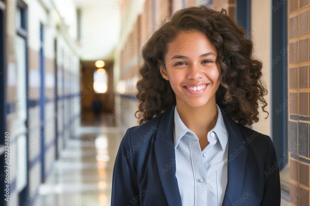 Smiling student with curly hair in blazer stands in a bright hallway with brick walls, exuding confidence. Smiling student with curly hair in blazer stands in a bright hallway with brick walls, exuding confidence.