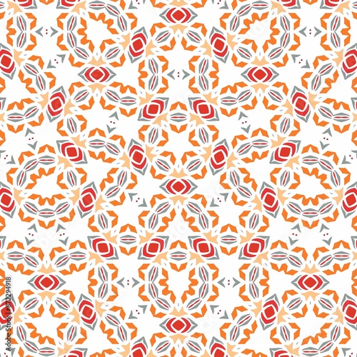 Seamless geometric pattern with vibrant orange, red, and gray elements on a white background
