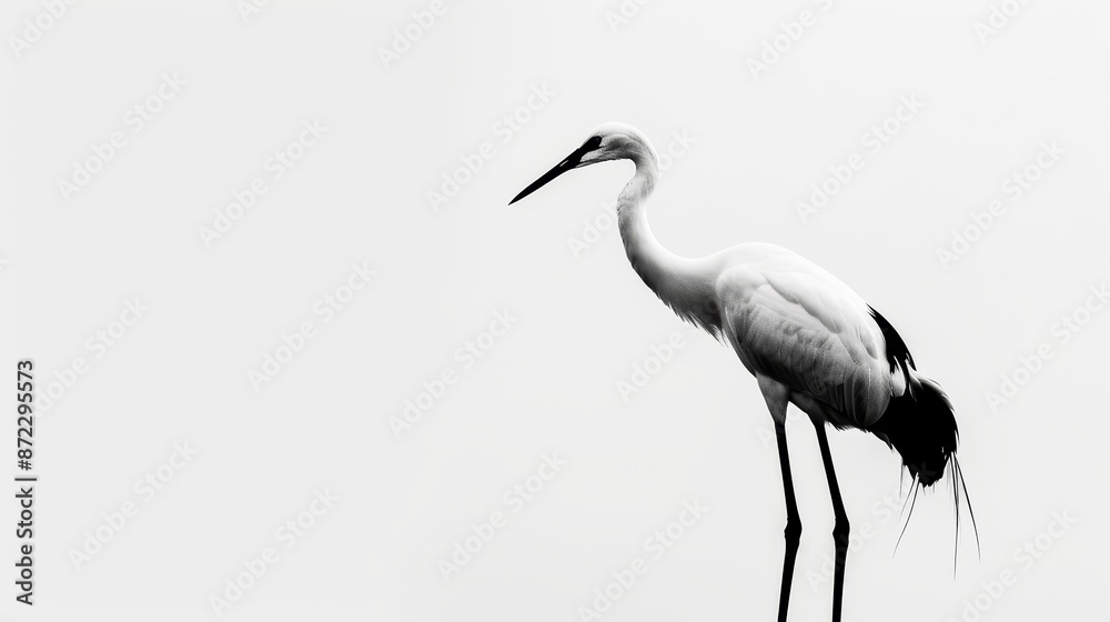 Obraz premium An elegant crane stands on one leg, its form outlined with minimalist black lines on a white canvas