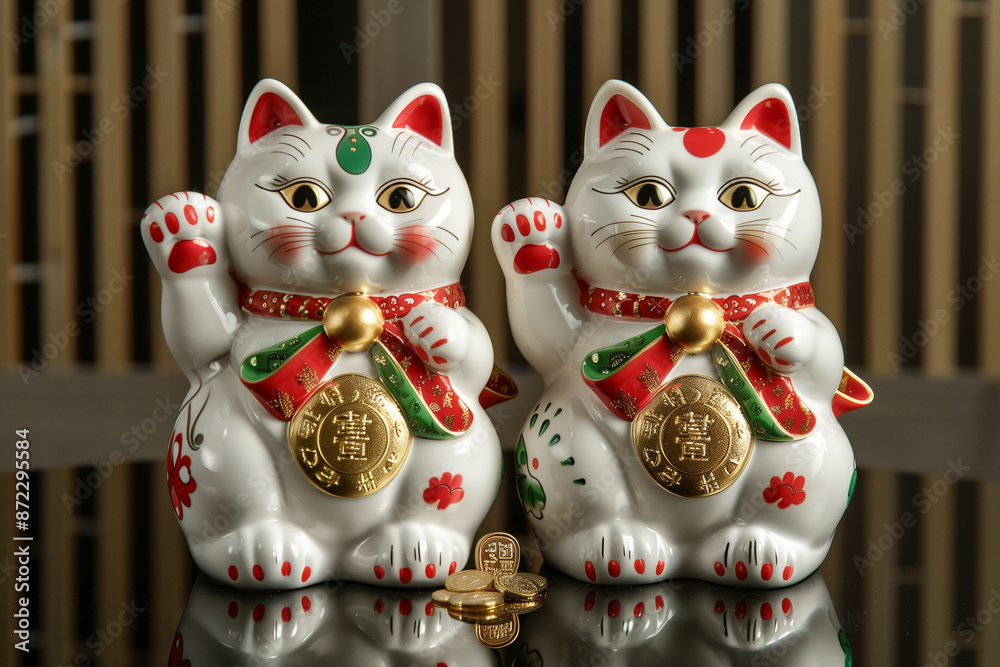 Fototapeta premium A cat and dog in Chinese New Year decorations with a snowman, Christmas ornaments, and a Maneki Neko, set against a winter holiday background