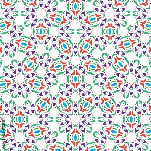 Colorful abstract geometric pattern with floral elements in red, green, blue, and purple tones