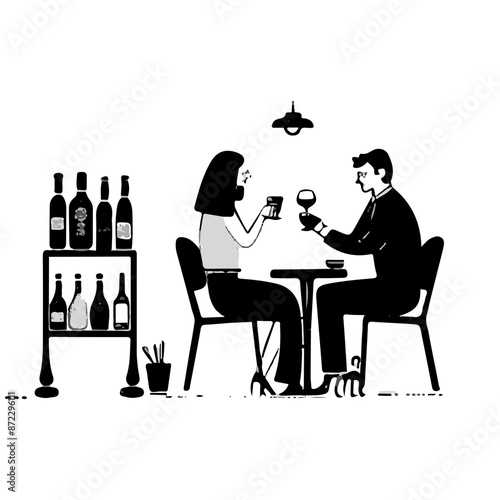 Couple Dining and Wine Tasting - Black and White Illustration