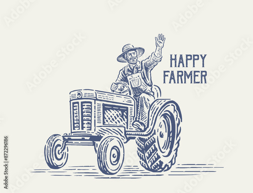Happy farmer, riding a tractor, raises his hand up in a gesture symbolizing greeting and a positive mood. Vector illustration.