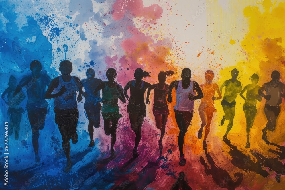 a painting of a group of people running, powerful representation of the spirit of giving and compassion in a charity fun run a painting of a group of people running, powerful representation of the spirit of giving and compassion in a charity fun run