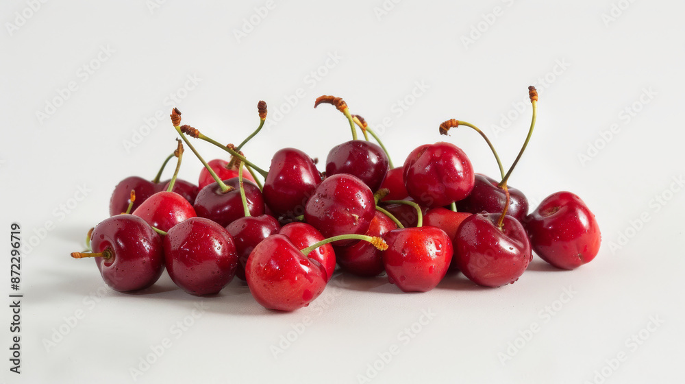 Juicy, plump cherries pile up on a white surface, offering a tempting treat with their fresh red color. Juicy, plump cherries pile up on a white surface, offering a tempting treat with their fresh red color.