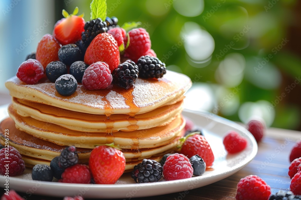 a plate of pancakes with berries and mint leaves, stack of fluffy pancakes overflowing with colorful berries a plate of pancakes with berries and mint leaves, stack of fluffy pancakes overflowing with colorful berries