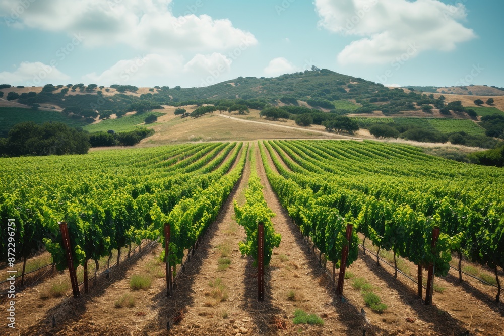 a vineyard with a sunset in the background, sunny vineyard set against a backdrop of a small hill a vineyard with a sunset in the background, sunny vineyard set against a backdrop of a small hill