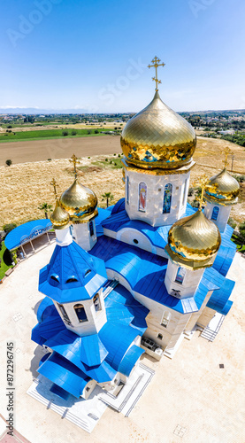 Aerial view of Russian Church of St. Andrew and All Russian Saints. Episkopeio village, Nicosia District, Cyprus photo