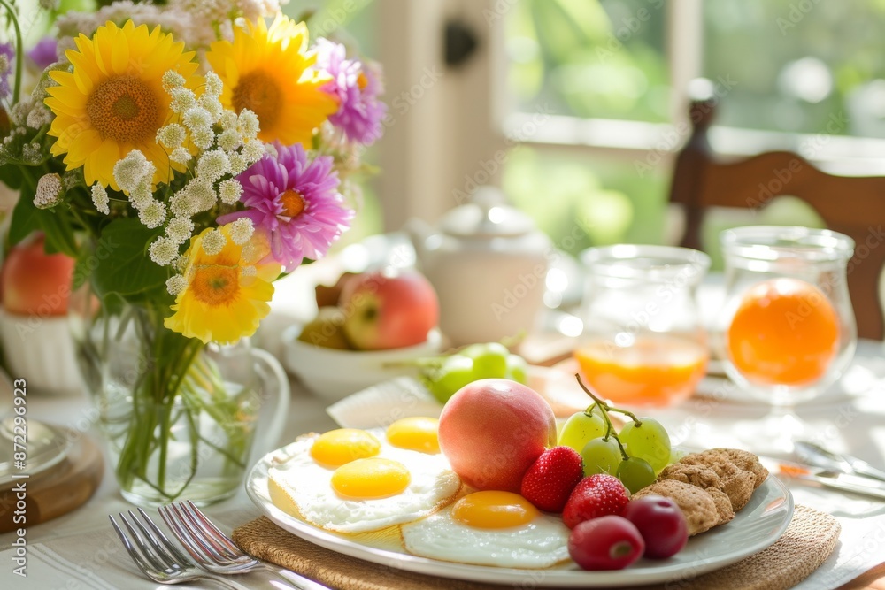 a plate of eggs and berries on a table, tranquil Mother's Day morning breakfast scene including fresh fruits, sunny-side eggs and hand-picked garden flowers a plate of eggs and berries on a table, tranquil Mother's Day morning breakfast scene including fresh fruits, sunny-side eggs and hand-picked garden flowers