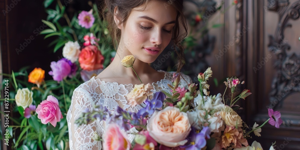 Graceful Bride in Lace Dress Holding a Vibrant Bouquet Graceful Bride in Lace Dress Holding a Vibrant Bouquet