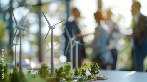 Architects discussing a model of a wind farm project