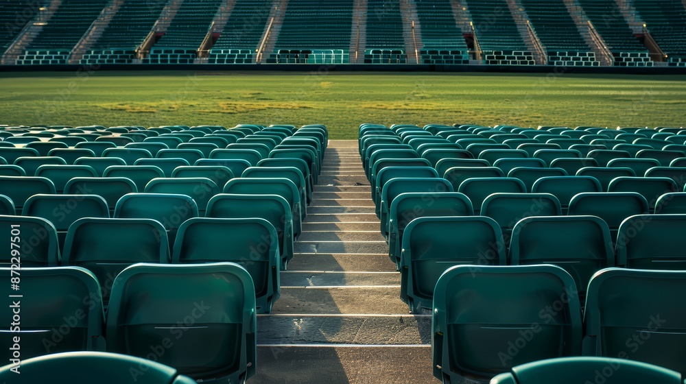 Fototapeta premium An empty sports stadium, with rows of seats and a silent field