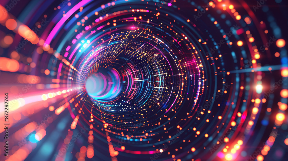 Vector graphic with lines and circles in a spiral shape. The image shows speed and motion with glowing lines and circles. It could represent a fast internet connection or data transfer. Vector graphic with lines and circles in a spiral shape. The image shows speed and motion with glowing lines and circles. It could represent a fast internet connection or data transfer.