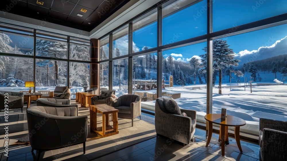 Fototapeta premium winter resort lounge with expansive energy-efficient windows offering guests a warm, panoramic view of the snowy landscape outside