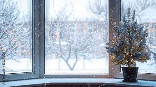 winter scene viewed through an energy-efficient bay window, where the glass remains perfectly clear despite heavy snowfall outside