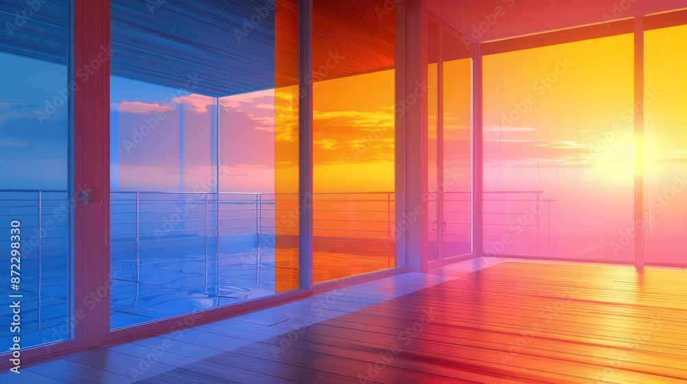 Fototapeta premium Visualization of ultraviolet light being filtered by a low-emissivity window coating, protecting the room from UV damage while maintaining warmth