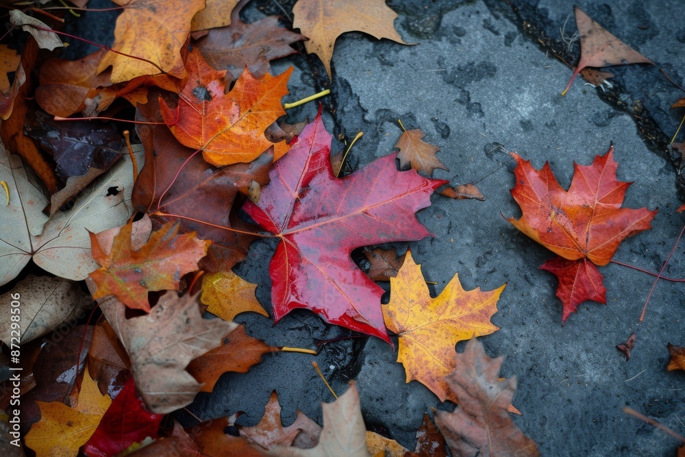 a group of leaves laying on a rock, Fallen autumn leaves delicately resting the ground, marking the season of Thanksgiving